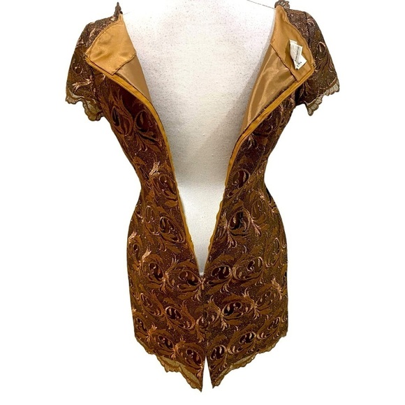 Rimini by Shaw bronze metallic embroidered short sleeve dress scalloped hems 8 - Picture 11 of 12